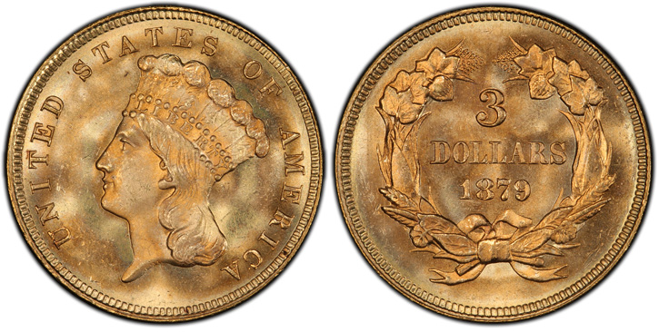 1879 Three-Dollar Gold Piece. MS-66+ (PCGS).